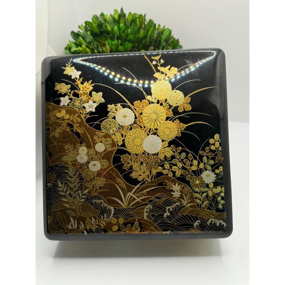 Japanese Lacquerware Decorative Box With Floral Design 7.5" L x 7.5" W x 3" H - Picture 5 of 12
